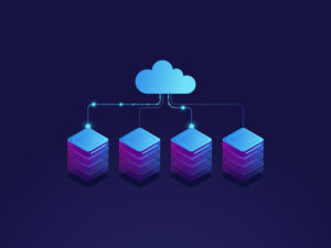 Server room, cloud storage icon, datacenter and database concept, data exchange process isometric dark vector